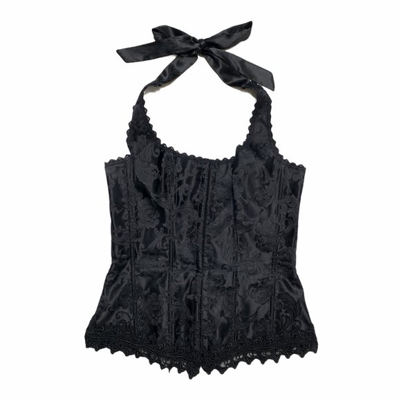 Vintage Tops - Vintage 90s black satin lace trim corset